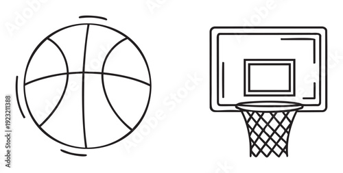 A stylized outline drawing of a basketball and a basketball hoop with net, perfect for sports education materials, athletic game designs, or modern graphic icon projects
