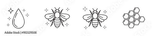 Minimalist outline icons featuring sparkling honey drop, worker bees, and hexagonal honeycomb cells, ideal for natural product branding, beekeeping industry marketing materials, and sweet