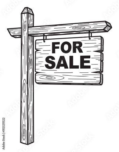 Rustic wooden For Sale sign firmly planted on a sturdy post, featuring a clear message for real estate advertising, property listings, or digital marketing campaigns.
