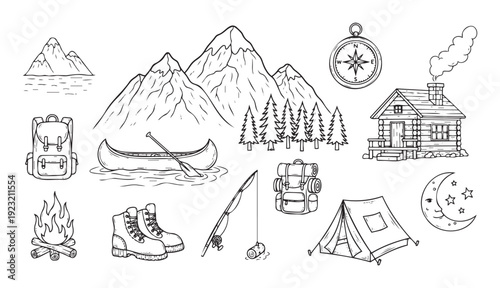 Hand drawn outdoor adventure elements featuring camping essentials, natural landscapes, and activities for travel agency promotions and naturethemed graphic design materials