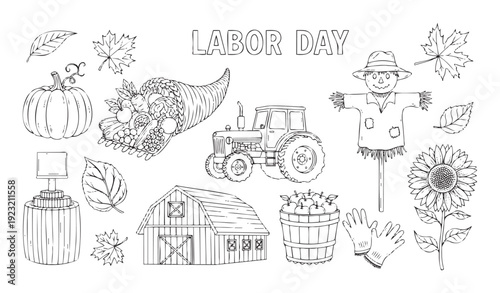 Labor Day holiday coloring page featuring various farm and autumn harvest elements like pumpkin, tractor, scarecrow, cornucopia, and barn for educational kids activities