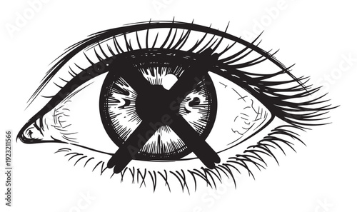 Bold black and white graphic drawing of a wide open human eye with an X shape covering the pupil and iris, perfect for symbolizing censorship, denied vision, or restricted awareness in