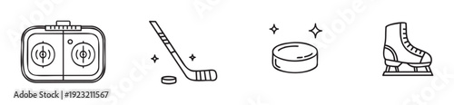 Collection of ice hockey themed outline icons including a rink, stick, puck, and skate, perfect for sports apps, websites, marketing materials, and game interface designs