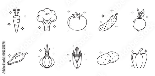 Simple black and white outline drawings of fresh garden vegetables perfect for grocery store flyers, nutrition guides, and healthy eating promotions