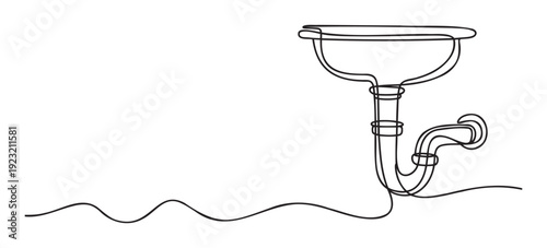 Continuous line drawing of plumbing drain pipe under a sink with water flow indication perfect for plumbing services and home improvement marketing materials