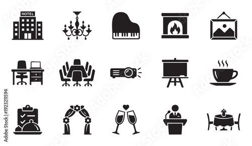 Hotel and event icons for lodging, conference, dining, and celebration services suitable for hospitality presentations, travel guides, and venue booking platforms.