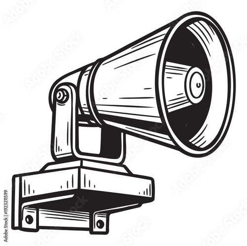 Vintage style horn speaker on a mounting bracket perfect for conveying messages of public address, announcements, or warnings in various media applications