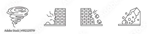 Outline icons depicting natural disasters like a powerful tornado, crumbling brick walls, and a dangerous rockslide, perfect for illustrating risks and safety information.