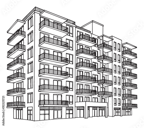 Contemporary multistory residential apartment building outline featuring numerous balconies, ideal for architectural project visualizations and urban planning studies.