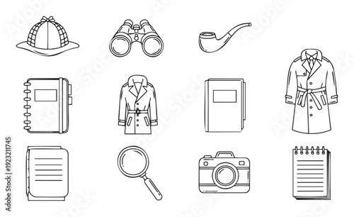 Collection of vintage detective tools and investigation equipment illustrations featuring essential items like a deerstalker hat, binoculars, smoking pipe, and magnifying glass for mystery
