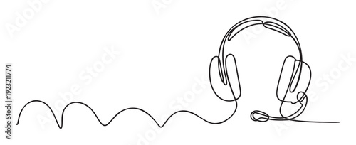 Minimalist continuous line drawing of a modern headset with a microphone, ideal for conveying concepts of online communication, customer support, and audio technology in various digital and