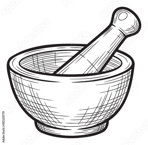 Mortar and pestle for grinding spices or herbs, a kitchen tool essential for preparing ingredients, suitable for culinary, pharmaceutical, or traditional medicine themes