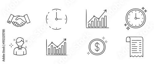 Collection of essential business and finance line icons representing time management success deals and money for corporate presentations and digital applications