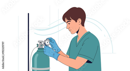 Medical professional adjusts oxygen tank regulator in clinic setting