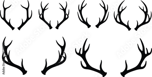 Stylized antler vector illustration collection with unique branching designs, deer horns, hunting motif, decorative wildlife art, rustic nature theme