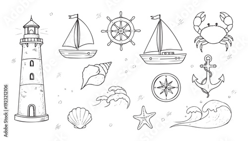 Ocean voyage themed black and white sketch collection featuring lighthouse, ships, marine life, and navigation tools, perfect for apparel, posters, and graphic decoration projects.