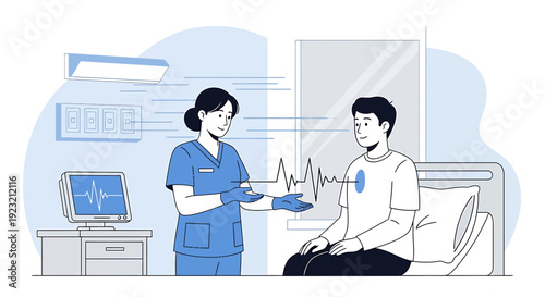 Nurse and Patient with Heart Monitor in Hospital Room - Medical Illustration