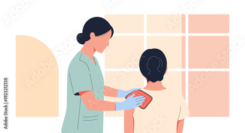 Nurse applying bandage to patient's back, healthcare concept illustration