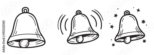 Collection of handdrawn bells representing different states like silent, ringing, and sparkling, perfect for alarm notifications, celebration alerts, school event announcements, or festive