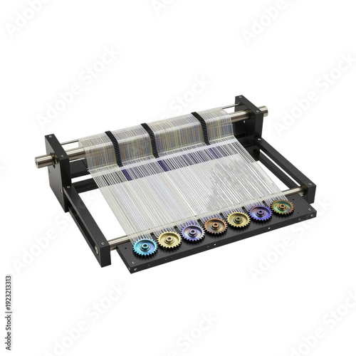 Modern automated loom with colorful threads being woven and metallic gears