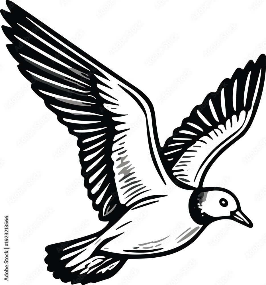 Fototapeta premium Stylized bird silhouette in dynamic flight pose, bold vector illustration with detailed wings, nature wildlife design, freedom symbol content