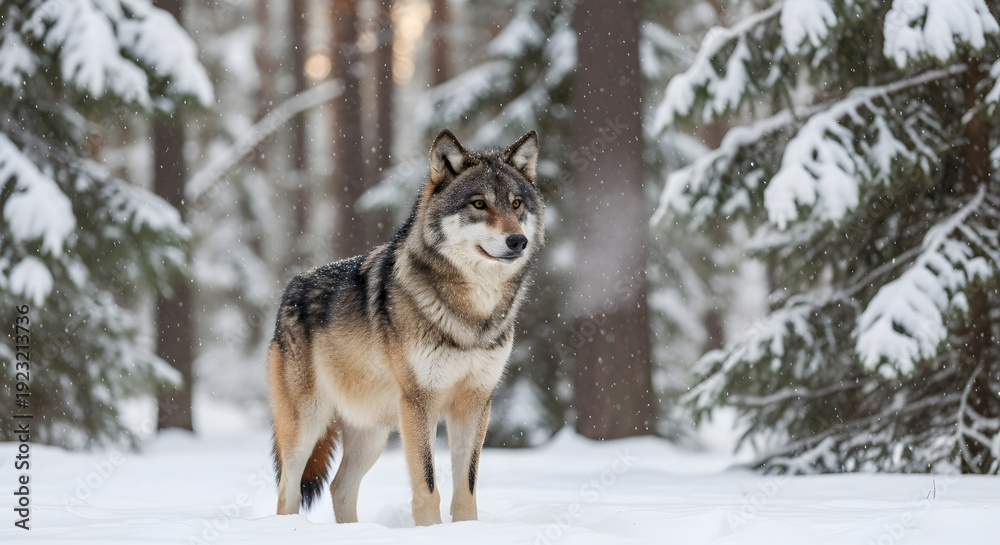 Fototapeta premium Wild canine predator standing in a winter landscape