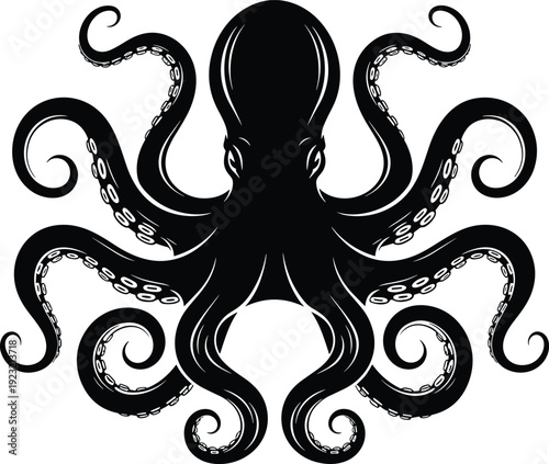Octopus silhouette vector illustration, curled tentacles design, suction cup detail graphic, symmetrical marine creature art, black bold style