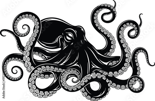 Octopus vector illustration, marine life design, black white graphic, tentacles curling, suction cups detail, bold style, underwater animal art