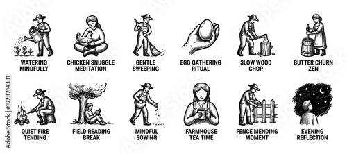 Set of twelve hand-drawn icons showing mindful rural activities like farming, gardening, and homesteading in a simple woodcut style, isolated on a white background