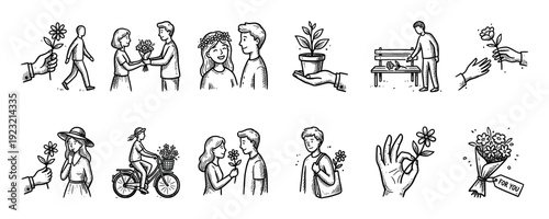 Hand drawn doodle illustration set of people giving and receiving flowers as a romantic gift, showing love, kindness, and appreciation in a simple sketch style isolated on white