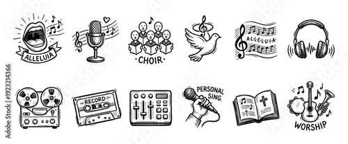 Hand drawn set of music and worship icons in a black and white doodle style, featuring a choir, microphone, headphones, instruments, and religious symbols isolated on white