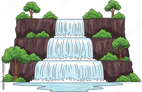 Beautiful tiered waterfall vector illustration with three levels of cascading water brown rocky cliffs and green forest trees
