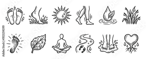 Set of hand-drawn grounding icons featuring feet, sun, water, and nature elements in a black and white sketch style, isolated on a white background for wellness concepts