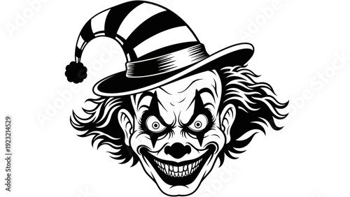 Scary Clown Face with Evil Grin and Striped Hat - Black and White Illustration