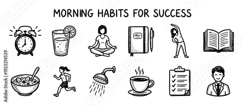 Hand-drawn doodle icon set illustrating morning habits for success, featuring exercise, meditation, journaling, and a healthy breakfast, in a simple black and white sketch style isolated on white