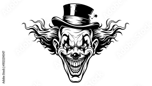 Scary Clown Face with Top Hat, Horror, Evil Grin, Halloween, Black and White Illustration