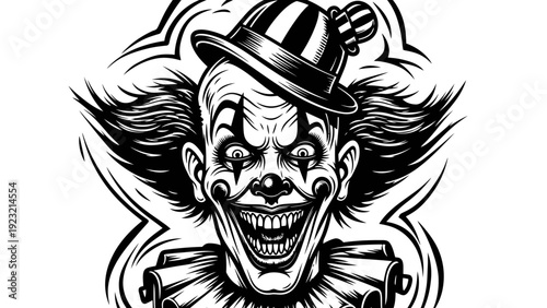 Scary Clown Face with Evil Grin and Striped Hat, Black and White Horror Illustration