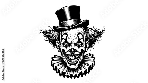 Scary Clown Face with Top Hat and Ruffled Collar - Black and White Illustration
