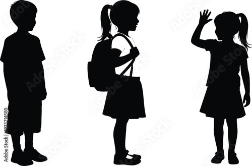 Black silhouettes of school children with backpack standing and waving hello isolated on white background for educational design