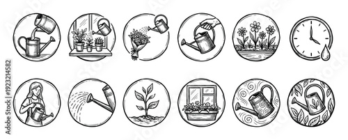 Set of hand-drawn watering can icons in a sketch style showing gardening, plant care, growth, and horticulture concepts, isolated on a white background
