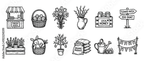Set of hand drawn spring and Easter icons including a farmers market stall, decorated eggs, a flower bouquet, and a bunny in a vintage engraving style on a white background