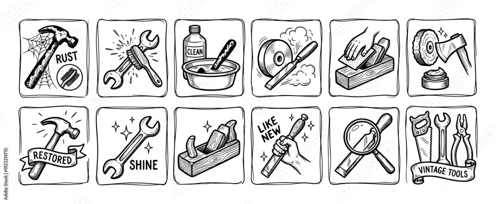 Fototapeta premium Set of hand-drawn tool restoration icons showing the process of cleaning, sharpening, and polishing old vintage equipment like hammers and wrenches, isolated on white background
