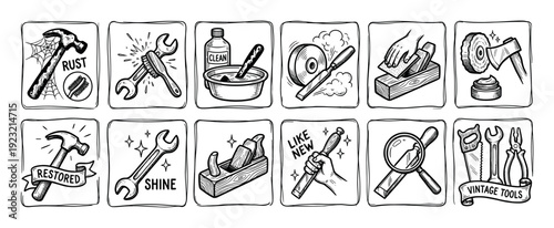 Set of hand-drawn tool restoration icons showing the process of cleaning, sharpening, and polishing old vintage equipment like hammers and wrenches, isolated on white background