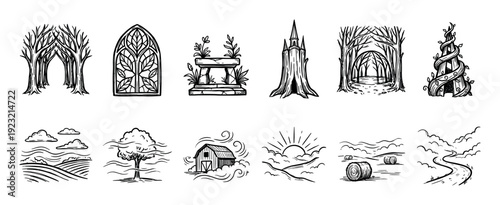 Hand-drawn fantasy and countryside nature icon set with magical forests, gothic arches, rural barns, and rolling fields in a sketchy black and white woodcut style isolated on white
