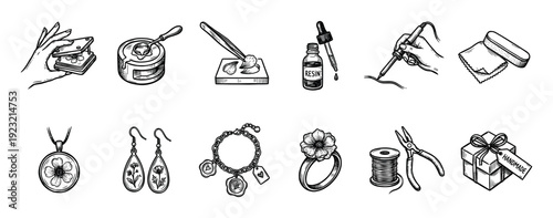 Set of hand-drawn sketch icons depicting the process of making handmade resin jewelry with flowers, tools, and finished products, isolated on a white background