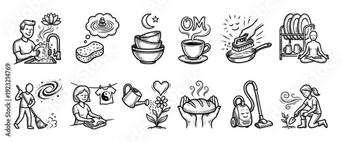 Hand-drawn doodle icon set illustrating mindful housekeeping and zen chores with spiritual symbols like OM, lotus, and yin-yang, isolated on a white background