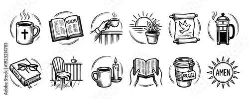 Collection of hand-drawn Christian spiritual icons, featuring elements like steaming coffee mugs, open Bibles, candles, and nature symbols, rendered in a detailed sketch style