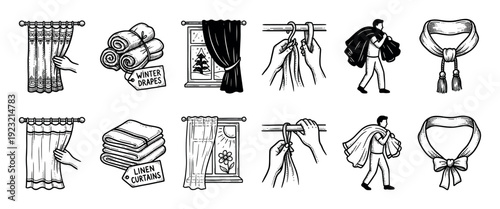 Set of hand-drawn curtain and drape illustrations showing winter and summer textiles, hanging process, and accessories in a classic black and white sketch style, isolated on white