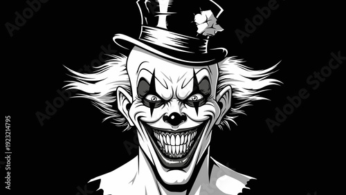 Scary Clown Face with Top Hat, Horror, Evil Grin, Black and White