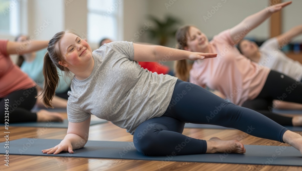 Fototapeta premium A young woman with Down syndrome participates in a yoga class with others